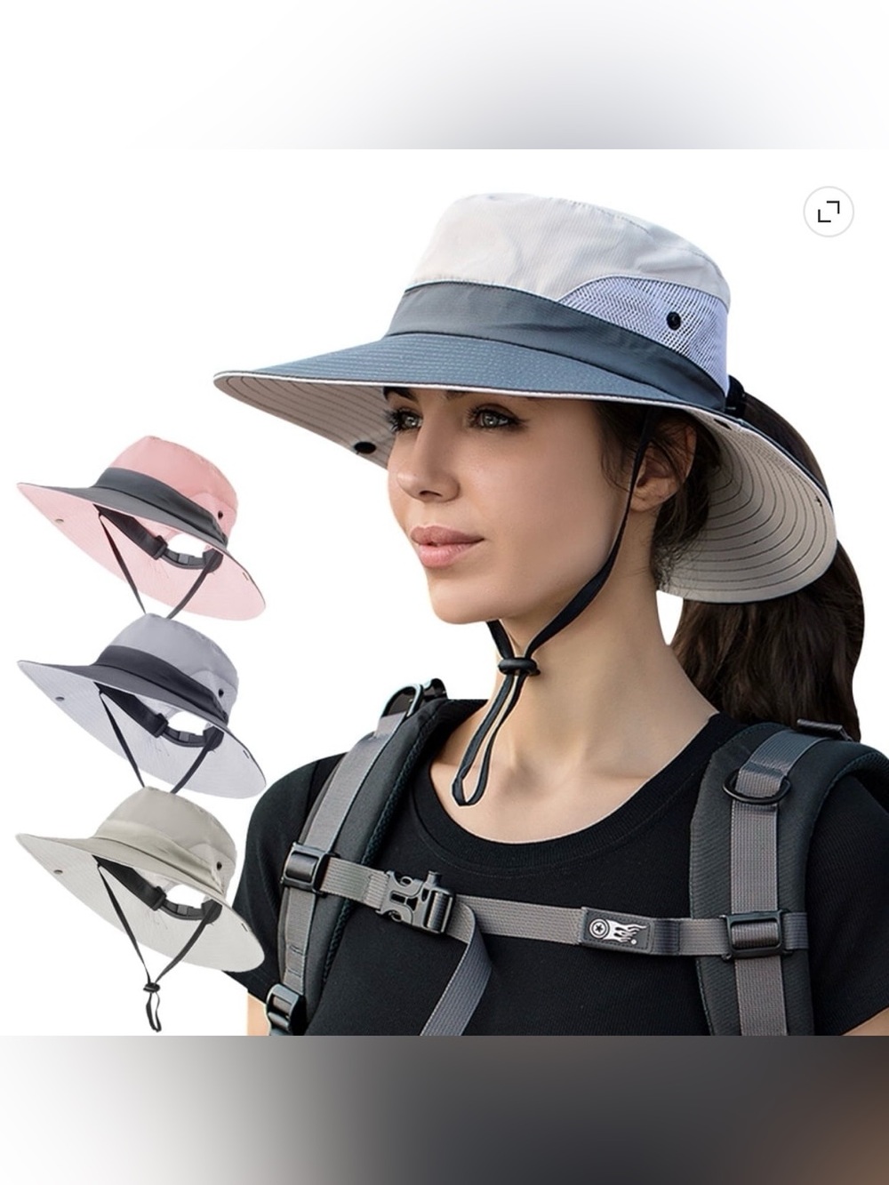 Women’s PINK AND GRAY Wide Brim Sun Hat with Ponytail Hole